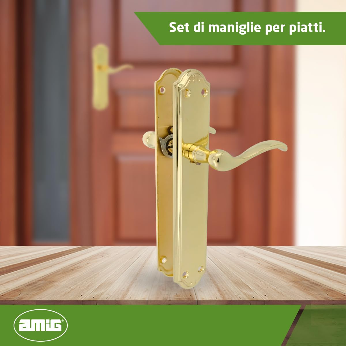 Amig - Set maniglia con placca - 248 x 44 mm - In zama - Finitura oro - Include viti passanti antifurto e accessori di fissaggio - Per porte interne