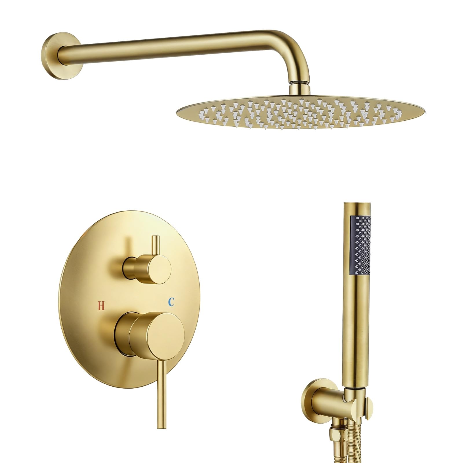 SaniteModar Unterputz Duscharmatur Set, Gebürstetes Gold | Rund. 25cm Regendusche, 1,5m Schlauch; leichtreinig. Silikon-Düsen; verstecktes Design; keine Wandbeschädigung bei Rep