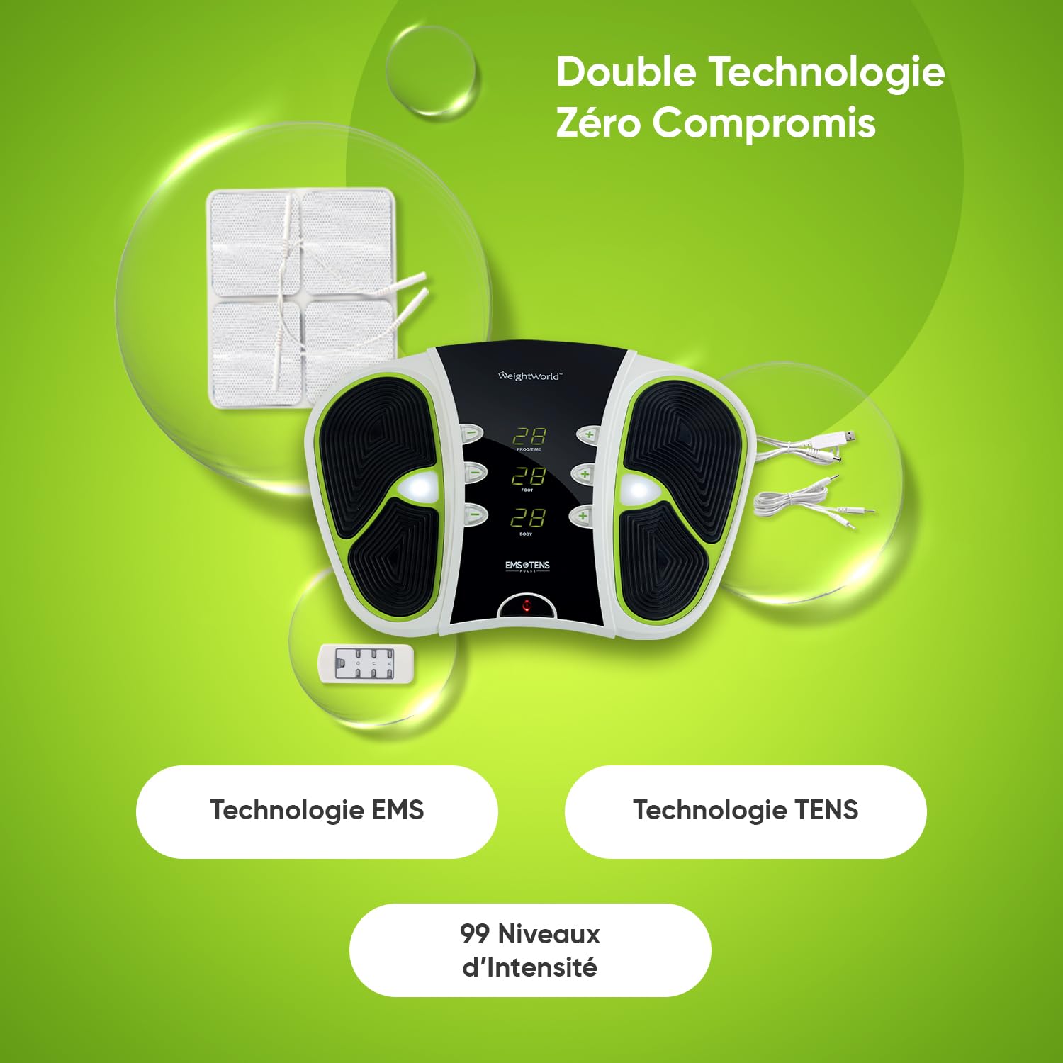 Circulatoire Masseur Jambe Électrique, EMS TENS, 99 Niveaux d'Intensité, Massage Pied et Jambe, Appareil Massage des Pieds, Électrodes, Circulateur sans Chauffage Circulatoire par Weightworld