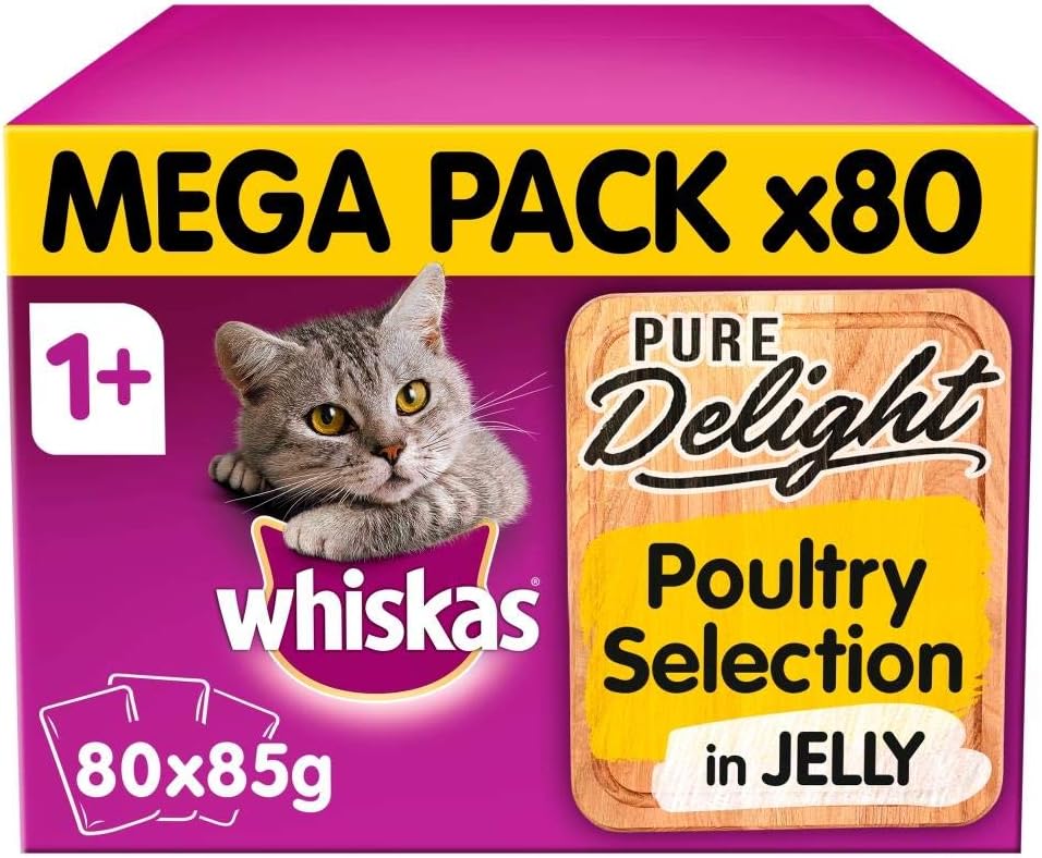 80 x 85g, 1+ Adult Cat Food Pouches Pure Delight Poultry Selection In Jelly Giant Pack