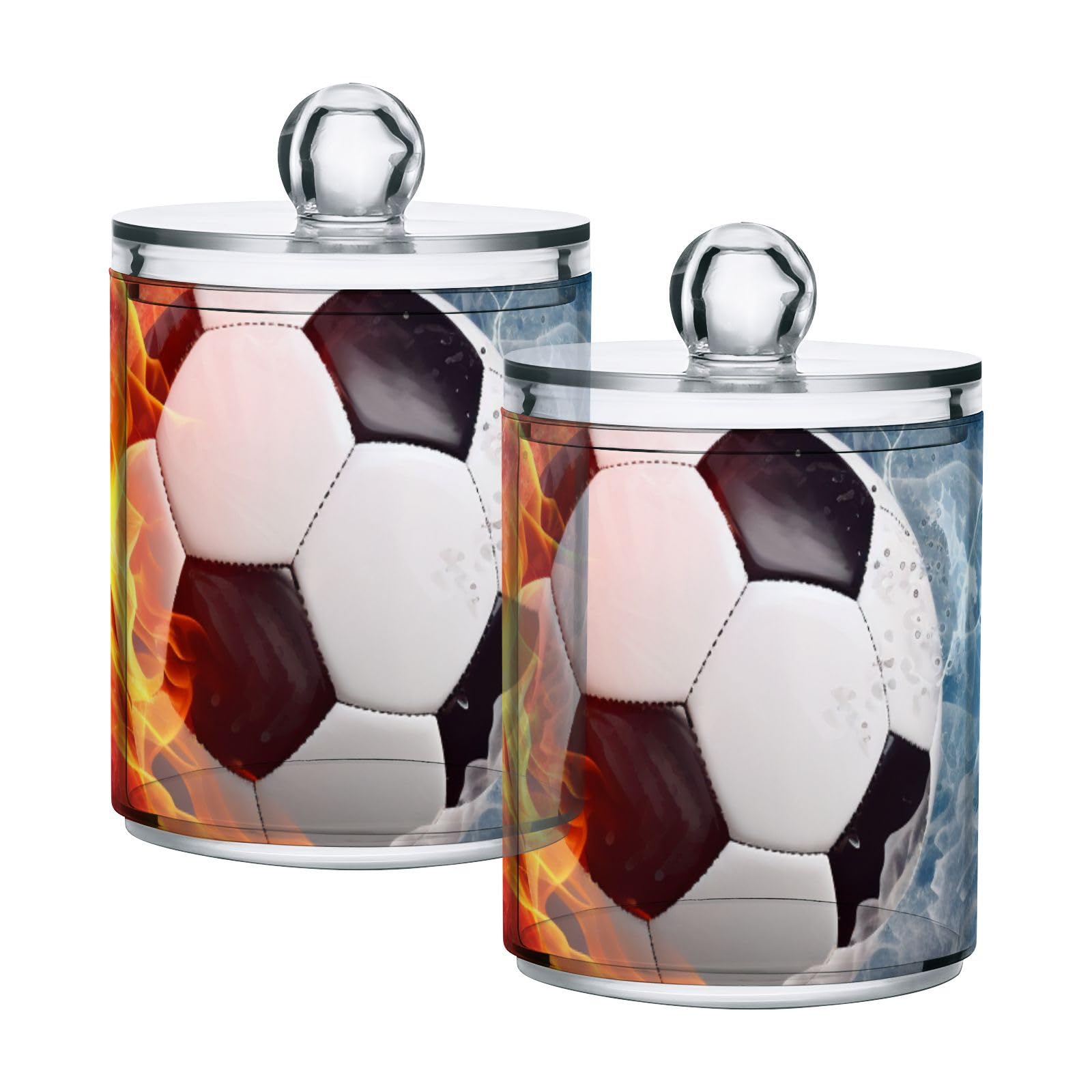 ALAZA 4 Pack Qtip Holder Dispenser Soccer Water Fire B Cotton Ball Cotton Swab Cotton Round Pads Floss Clear Bathroom Storage Containers Plastic Apothecary Jars with Lids