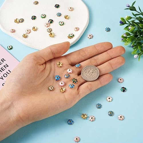 Miniatura 6 de Cheriswelry 60 cuentas de aleación esmaltadas de flores, cuentas espaciadoras florales doradas, 10 estilos de 0.295-0.315 in para manualidades,