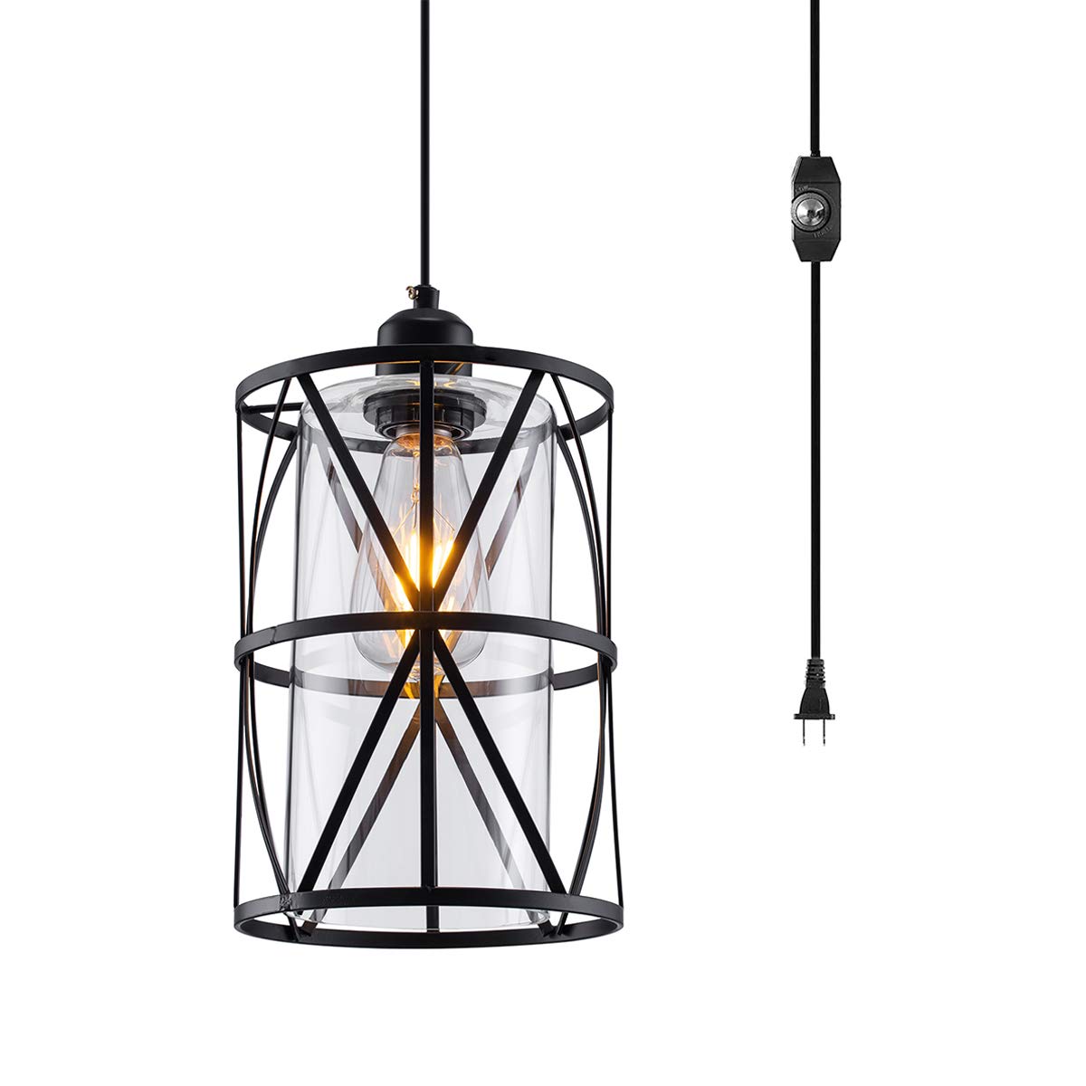 SHENGQINGTOPBlack Industrial Metal Swag Light Clear Glass Shade, Transitional Plug in Pendant Light with 16.4ft Cord & On/Off Dimmer Switch for Kitchen Island Sink Bedside Nook