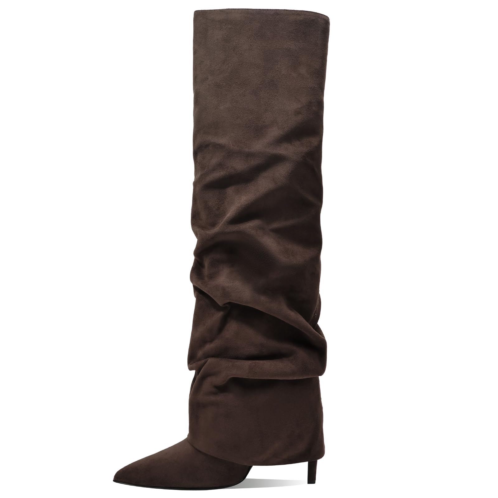 Women's Knee High Boots Fold Over High Heel Pointed Toe Black White Long Boots Women Dress Tall Boots for Women: 8.5 Brown-suede