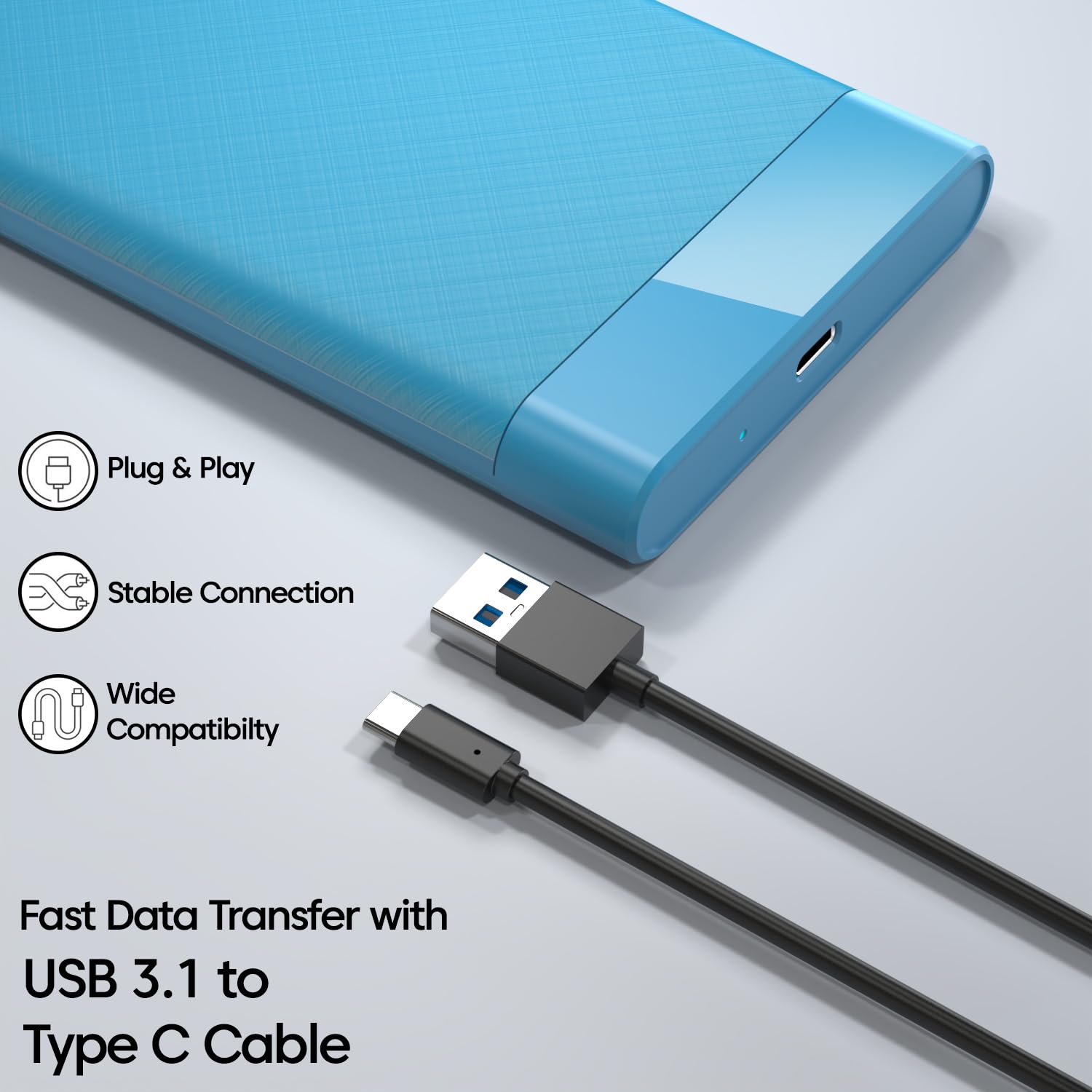 2.5 Inch Hard Drive Enclosure Type-C, Sounce India 6Gbps USB 3.1 to SATA III Tool-Free External Hard Drive Enclosure for 7mm/9.5mm 2.5" SSD Laptop HDD with UASP for Samsung WD, Xbox PC TV - Blue — Amazon image 4