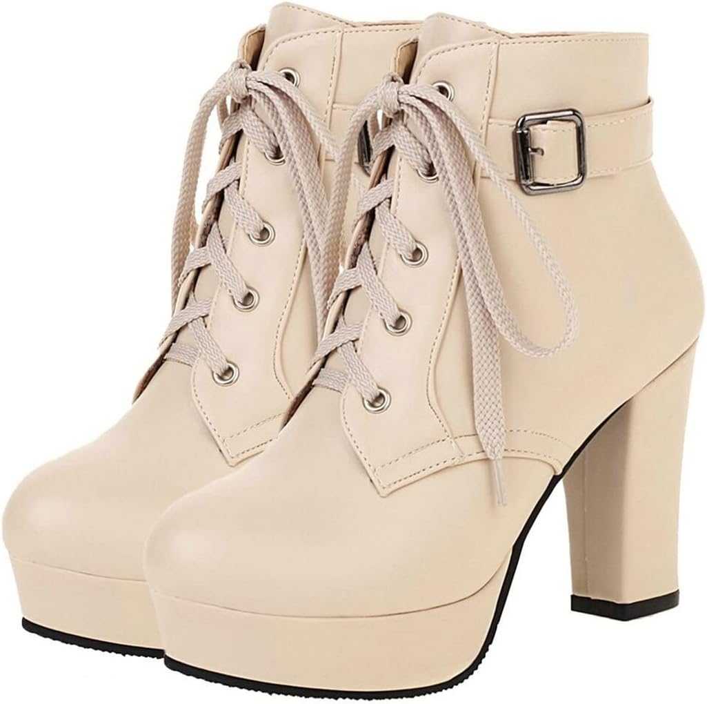 UniqueStride Womens Lace up Block Heel Platform Ankle Boots Chunky High Heel Booties Buckle Autumn Winter Short Boots