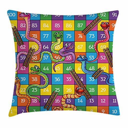 Lunarable Cartoon Throw Pillow Cushion Cover, Snakes Smiling Faces Numbers in Squares Ladders Play Themed Colorful Print, Decorative Square Accent Pillow Case, 36