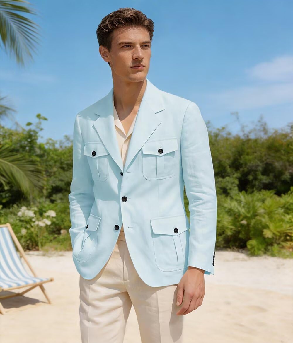 Men's Linen Safari Jacket Blazer Summer Casual Lightweight Sport Coat Regular Fit Suit Jacket with Pockets