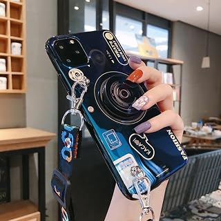 for Google Pixel 6 Case Fashion Design Cute Shine 3D Retro Camera Pattern Soft TPU Cover with Holder Kickstand Lanyard Strap for Women Girls Phone Skin,Blue