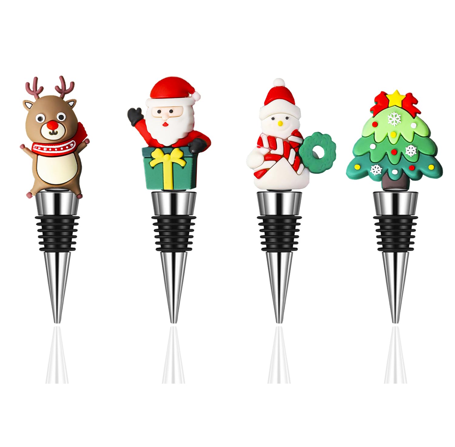 4PCS Wine Bottle Stopper, Santa Claus Snowman Elk Tree Wine Stopper, Red Christmas Decorative Wine Saver, Reusable Wine Corks Beverage Bottle Stoppers for Xmas Party Gift Bar Holiday Wedding Birthday