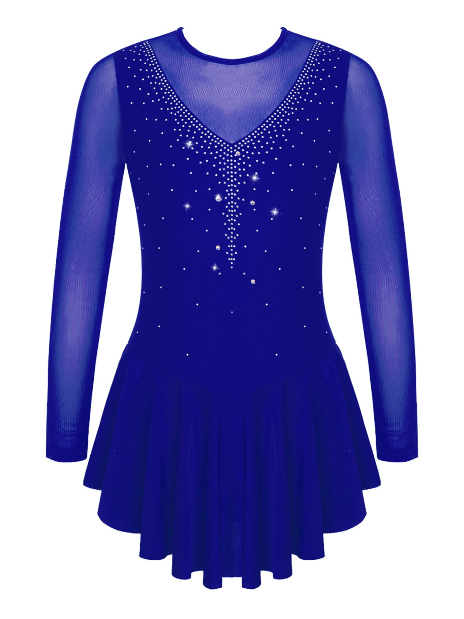easyforever Kids Girls Ice Figure Skating Roller Skater Leotard Dress Floral Lace Long Sleeve Tutu Skirt Dancewear V Shape*Royal Blue 14 Years