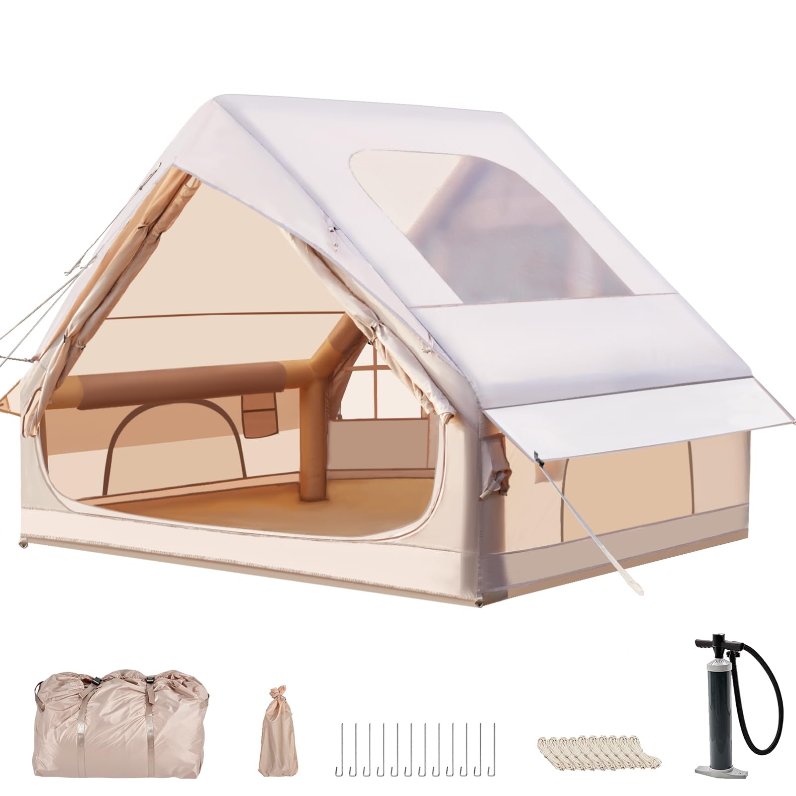 Tente de camping gonflable avec ouverture de cheminée et fenêtre de toit, tente d'extérieur pour 2 à 8 personnes avec pompe à air, tente gonflable en tissu Oxford imperméable pour 4 saisons, montage