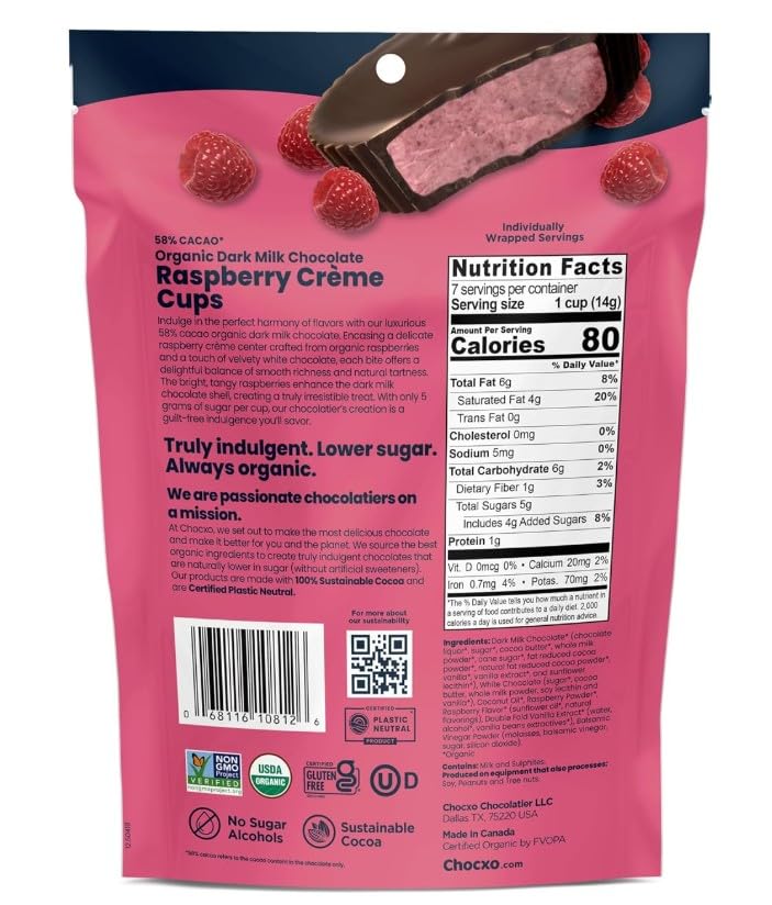 Chocxo Organic Dark Chocolate Raspberry Creme Cups, 11.85 oz.