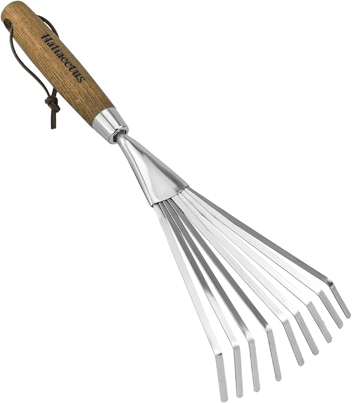 Rastrillo de mano para jardín, rastrillo de jardín pequeño de 14,6 pulgadas para áreas estrechas | Rastrillo pequeño de acero inoxidable de 9 dientes con mango de madera ergonómico para limpiar hojas y desechos sueltos en macizos de flores, alrededor de plantas