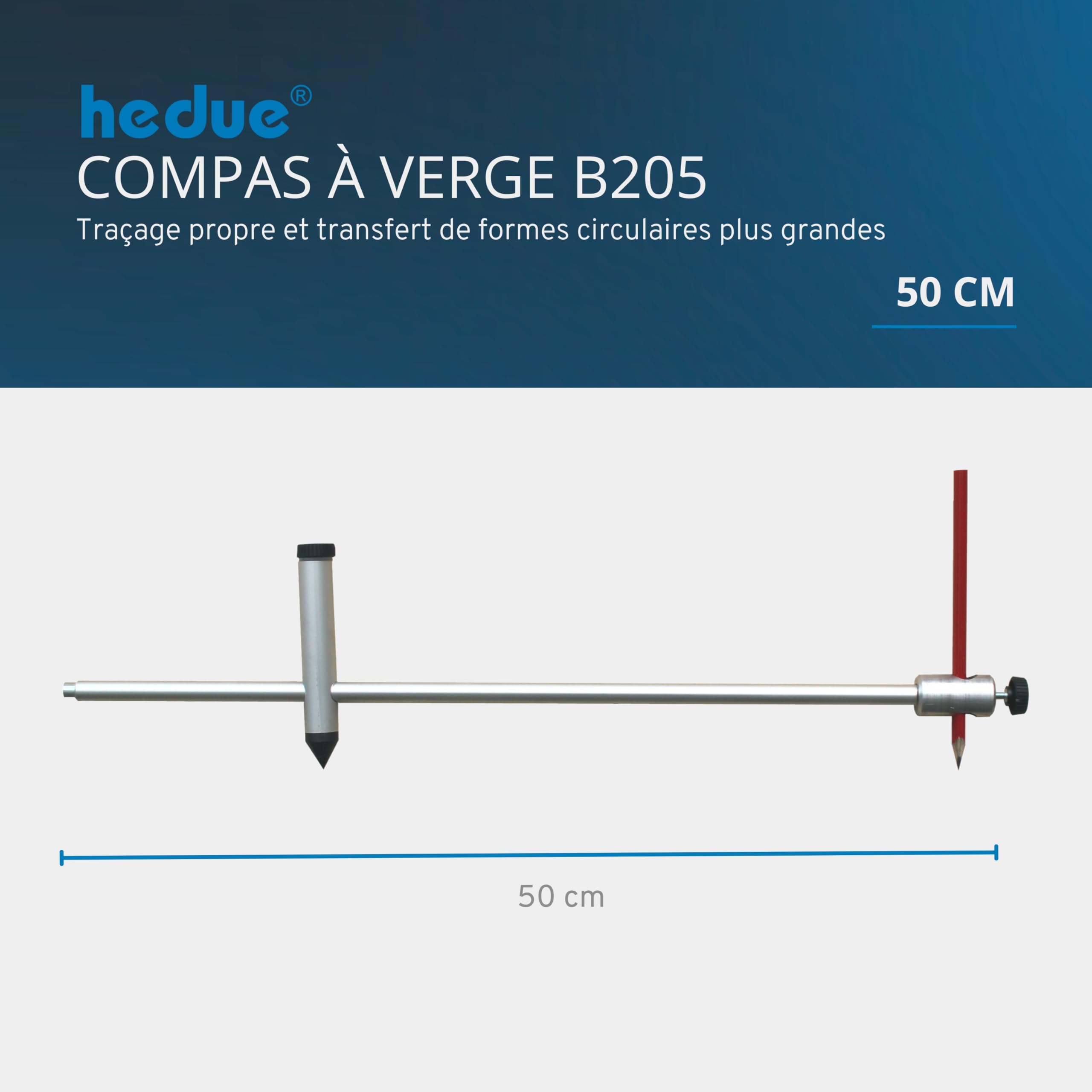Compas à verge 50 cm - Grand compas de traçage en aluminium anodisé, compas verge avec porte-stylo pour tracer & reporter de grandes formes circulaires, compas grand diamètre