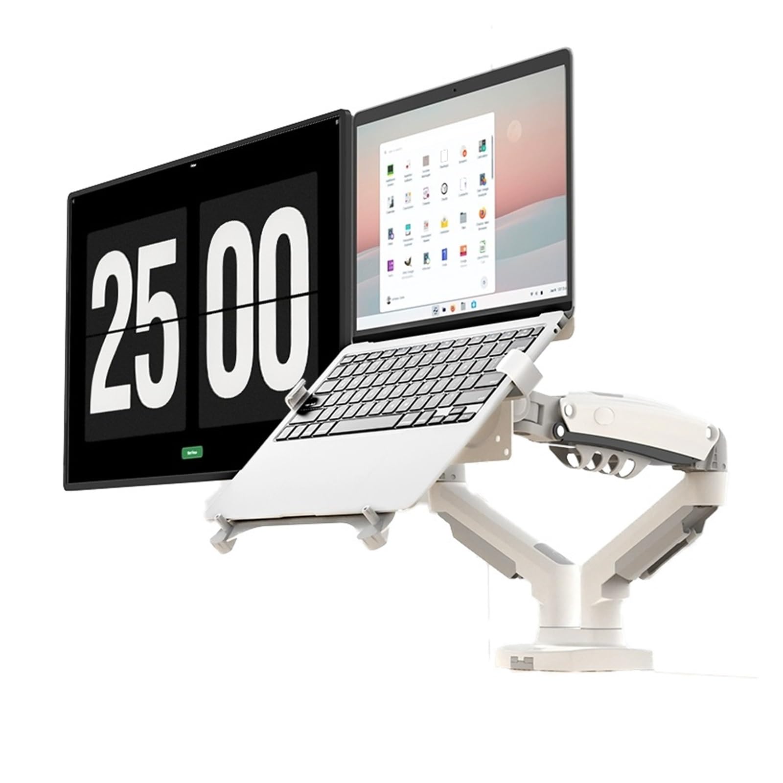 Support écran et PC portable F160 blanc pour un bureau de télétravail épuré