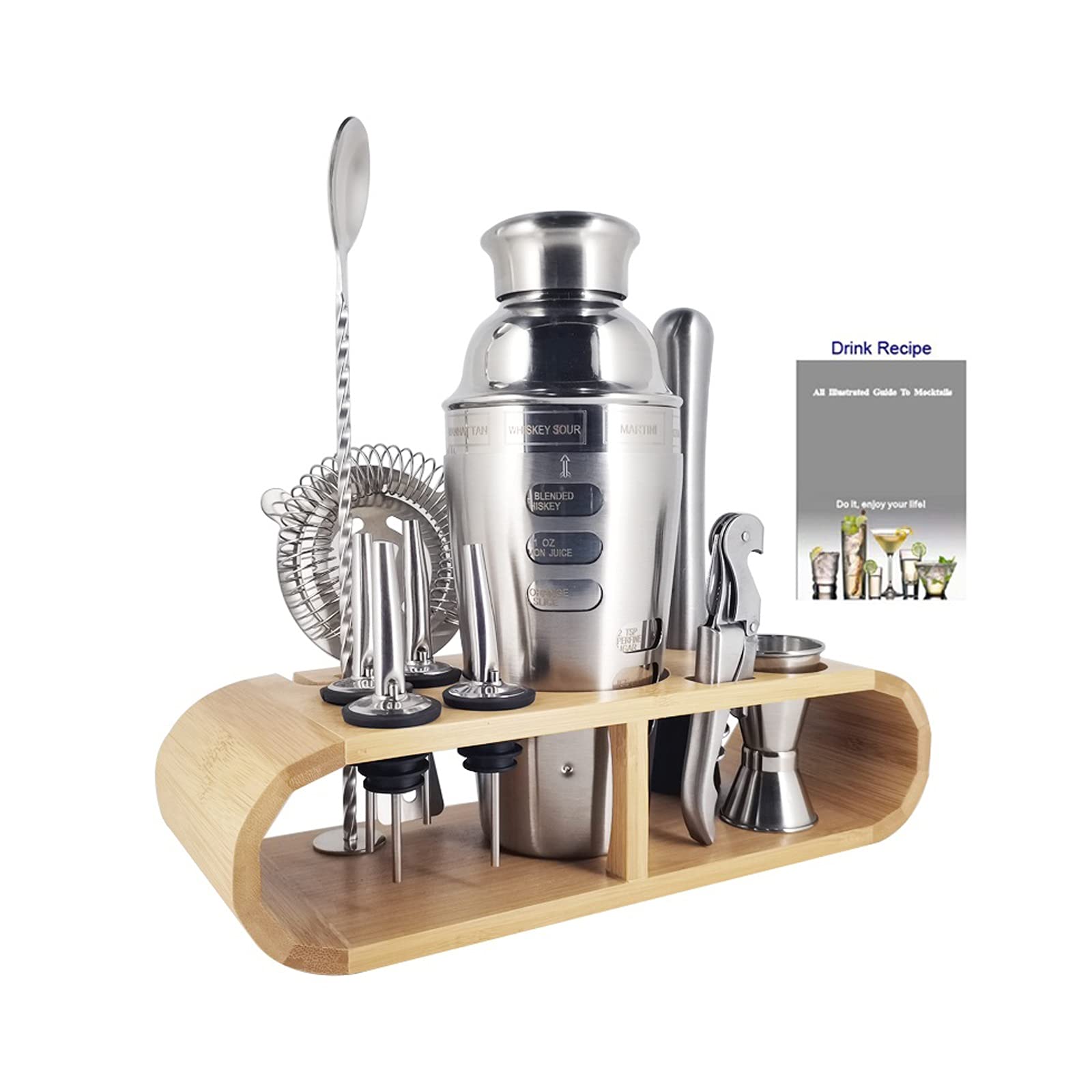 Juego de Coctelera Cocktail Shaker Set Bar Herramientas Barware Bartender Kit Jigger Mezclador Muddler Pourer Cuchara con soporte de bambú Casa Bebida Accesorios de fiesta Agitador de Cócteles