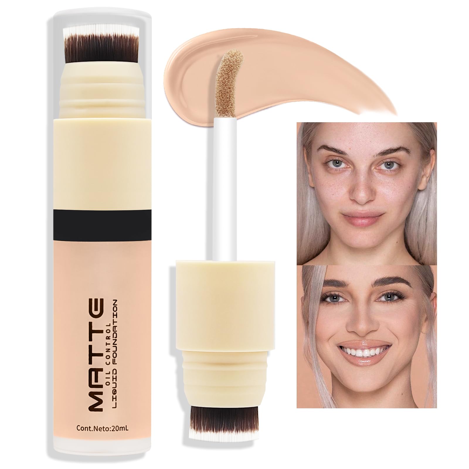 Liquid Foundation Full Coverage Makeup, Dual Ended Face Foundation with Brush, Lightweight & Waterproof, 03 Light Peach
