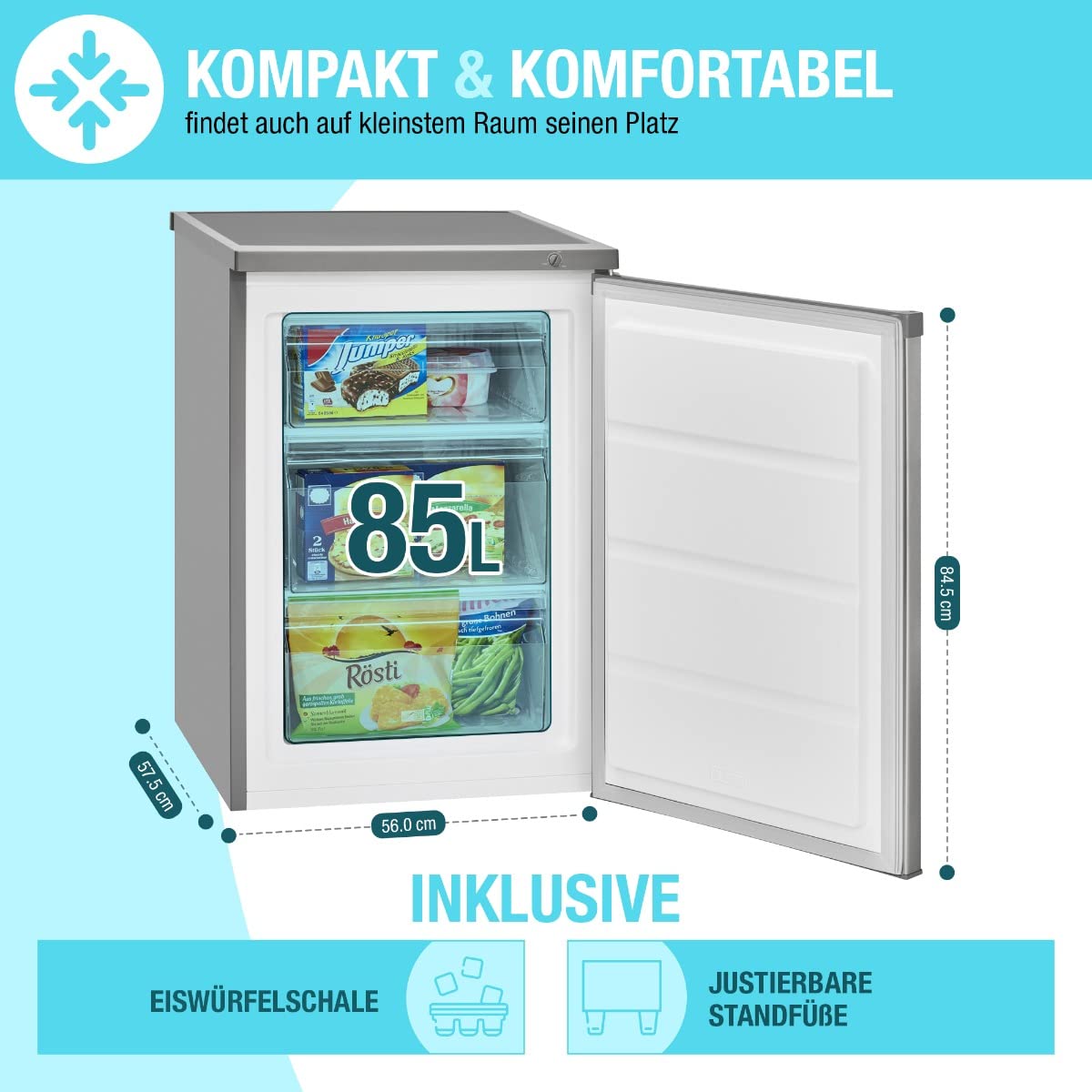 Bomann Congélateur 85L inox GS2186-1-inox, Congélateur autonome d'une capacité nette de 85 litres, pose libre, Éclairage intérieur à LED, Température réglable, silencieux, economique congélateur E