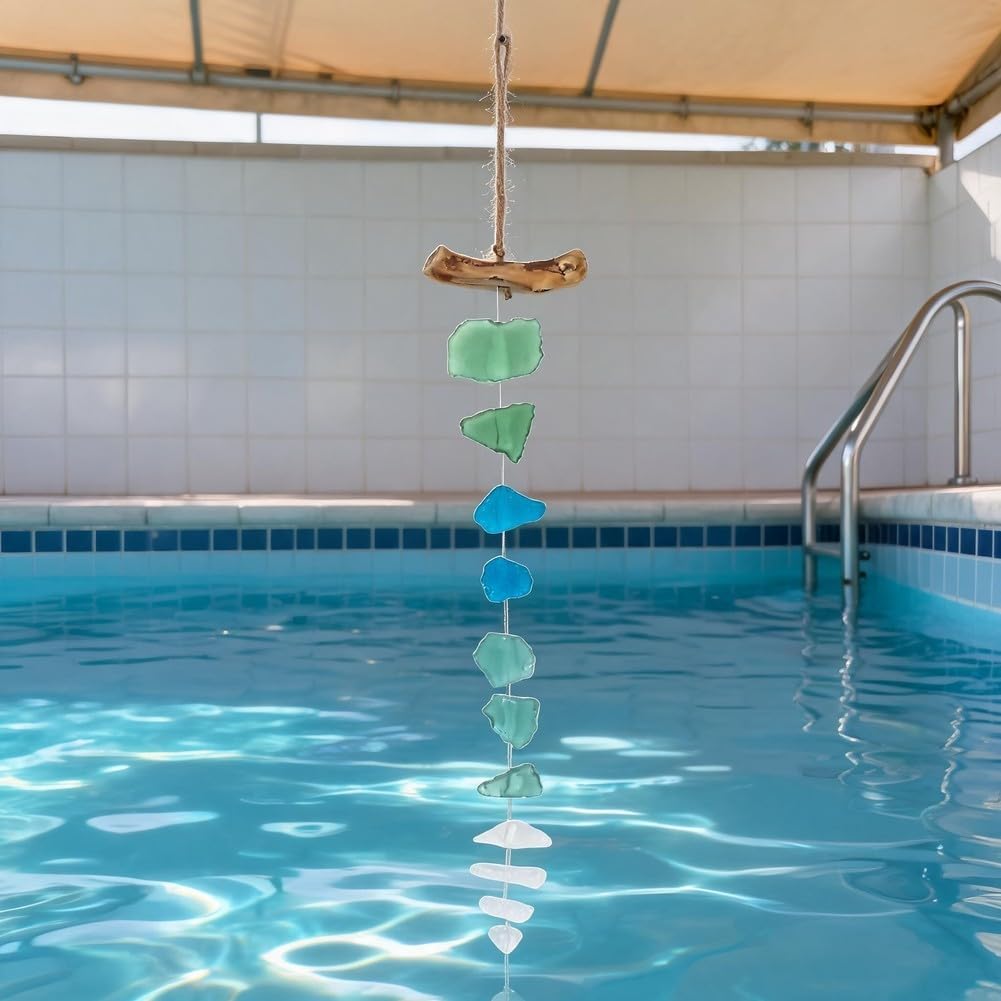 Carillón de viento de cristal de mar hecho a mano con cristal de mar de madera flotante, decoración bohemia de madera flotante, sonido melódico suave, adorno colgante con temática de playa