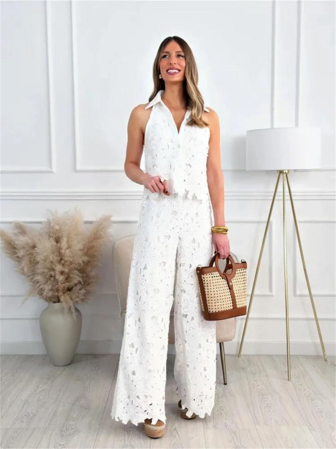 Women's Embroidered Two Piece Set V Neck Vest Top Straight Leg Pants Casual Outfit