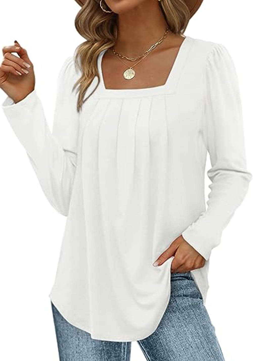 ABINGOO Camisas de Manga Larga para Mujer Cuello Cuadrado Plisado Blusa Color Sólido Camisas Elegantes Casual Camisetas Tops Otoño Primavera