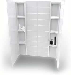White Acrylic Shower Wall Surround 36"x 60"x 80" - Waterproof, Easy-to-Install, Two Shelf Units Kit Included - Shower Wall Surround Panels - Stacked Tiles Pattern, Classic Shelves