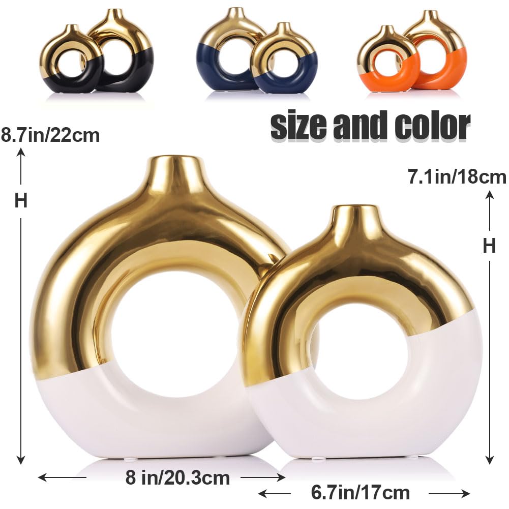 Set di 2 vasi in ceramica bianca e oro, vaso da fiori per decorazione domestica, vaso a ciambella per scaffale, vaso decorativo moderno bohémien, vaso rotondo per erba della pampa, perfetto per tavolo