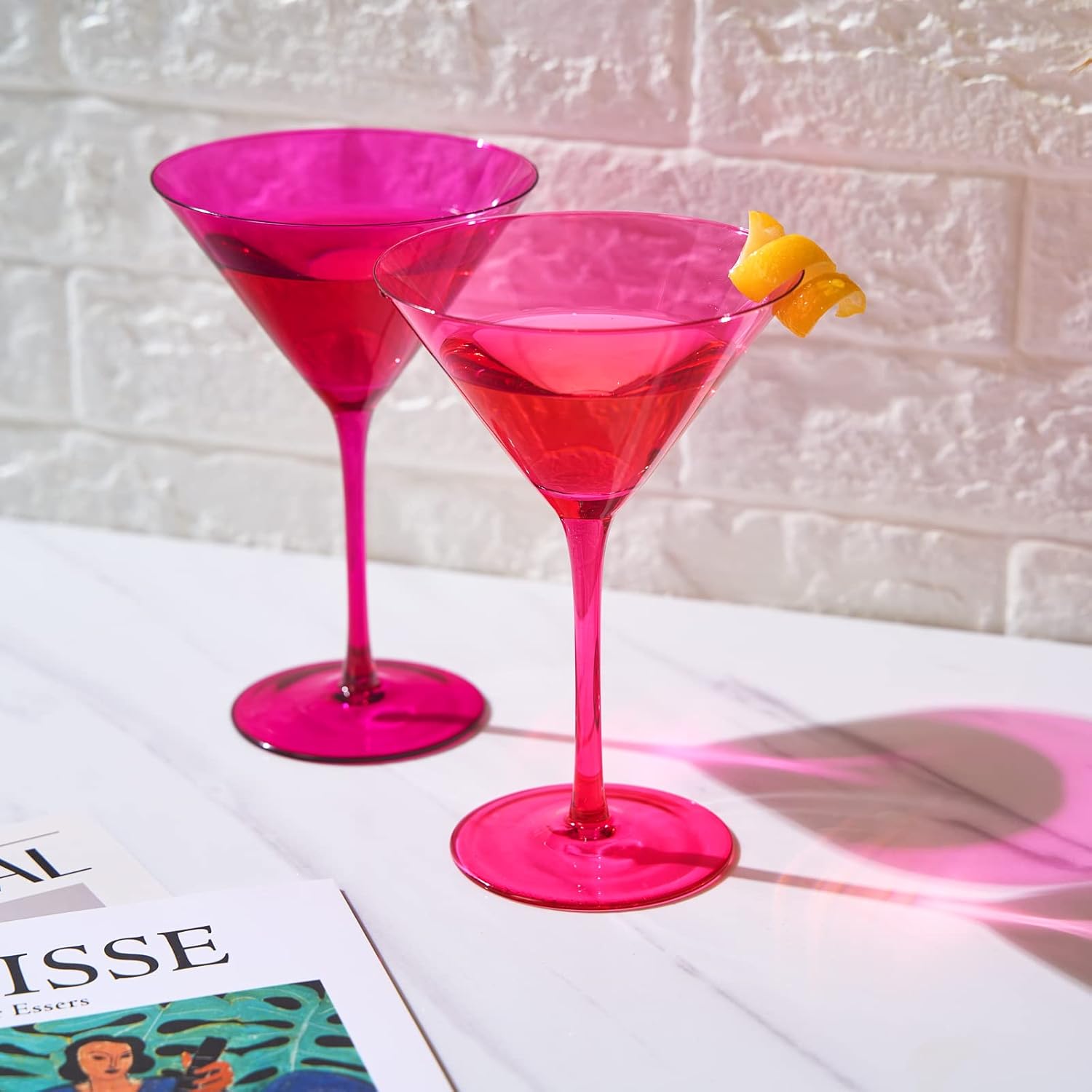 Khen Hot Pink Martini Glasses | Set of 2 | Magenta & Blush Pink Crystal Glassware, Classic Cosmopolitan Glasses for Espresso Martini, Wine - Perfect Crystal with Stems (8 OZ)