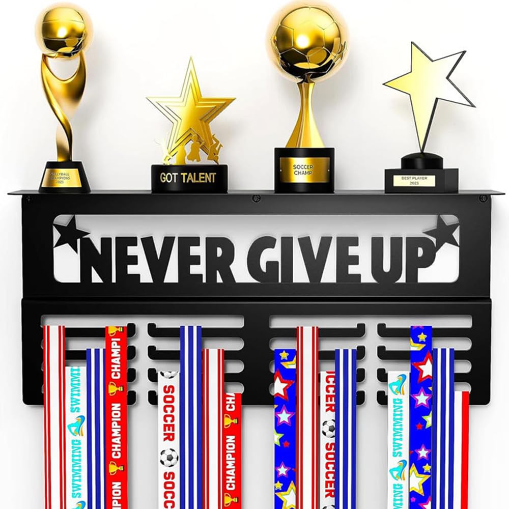 Porte Médaille Running, Présentoir de Médailles Never Give Up Support Mural pour Médailles, Porte-Médailles en Métal pour le Rangement des Médailles de Prix Olympiques pour Enfants et Adultes