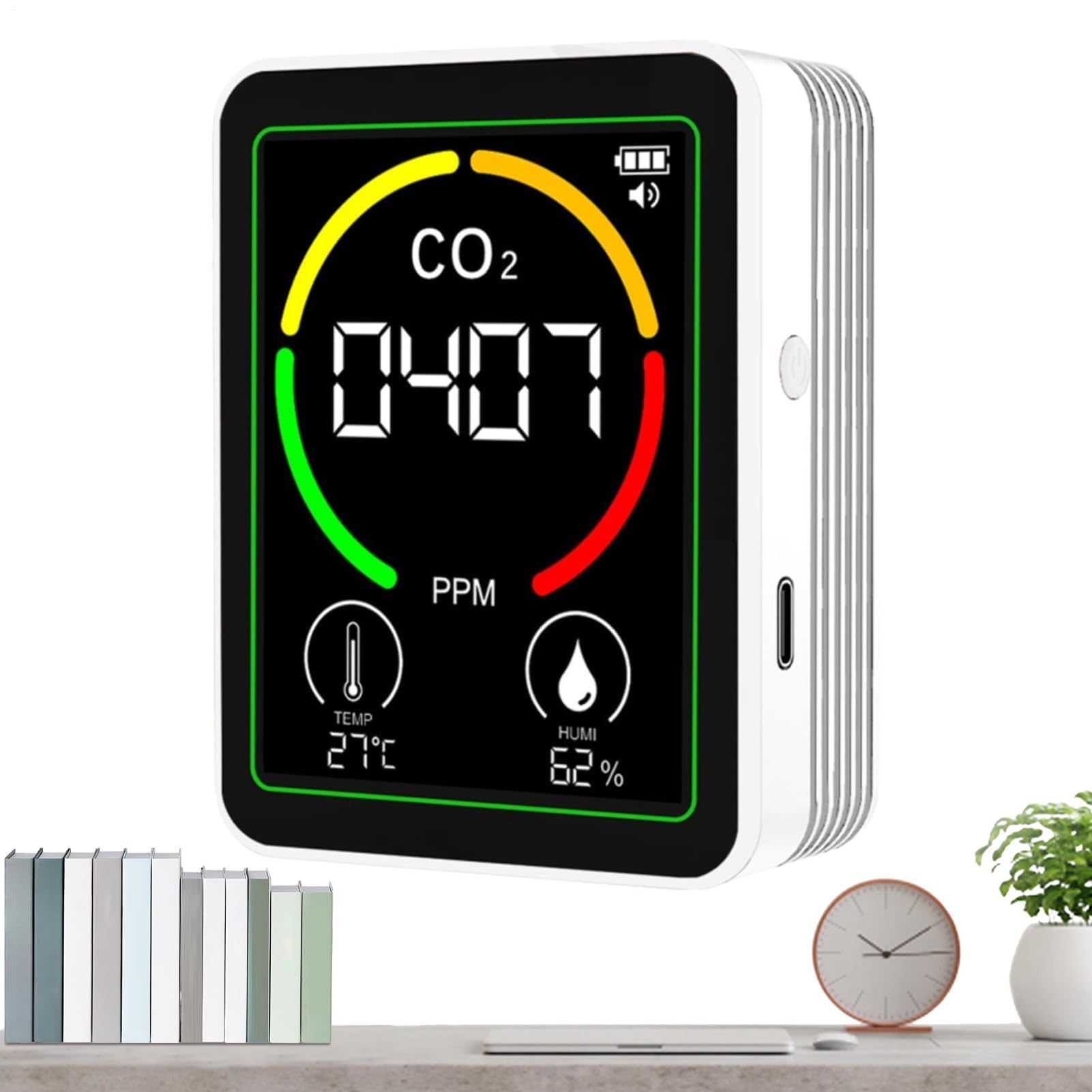 Detector de CO2 portátil con Monitor Digital Temperatura y Humedad, medidor Calidad del Aire Interior for el hogar, Oficina, vehículos recreativos, hoteles Viajes(White.)