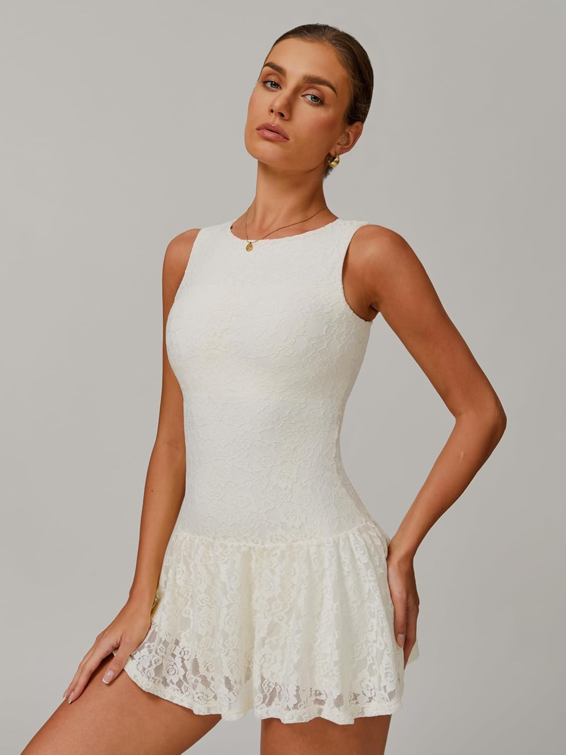 ABOCIW Womens Lace Tennis Dress Built in Shorts High Neck Sleeveless Golf Athletic Summer Mini Dress