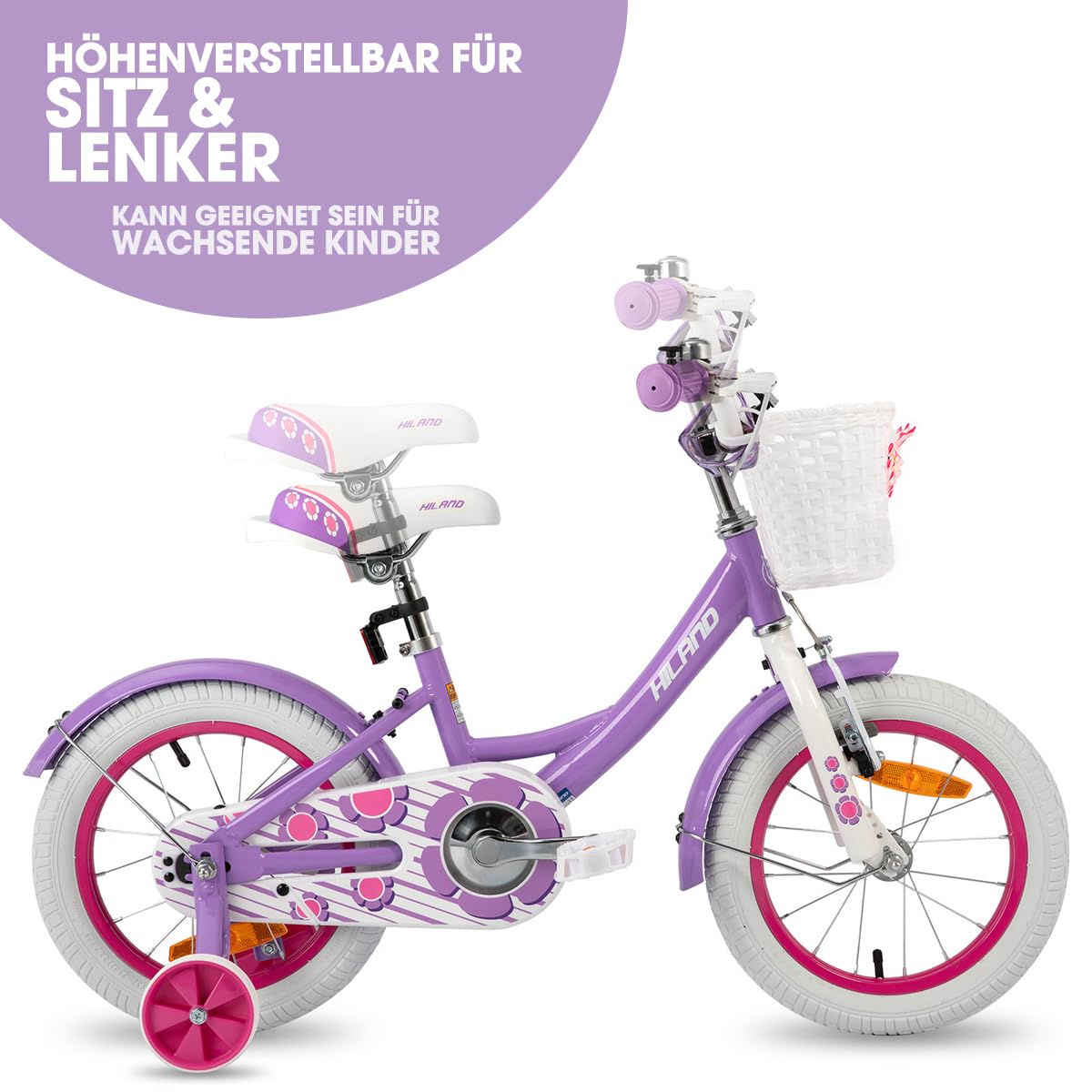 HILAND 12/14/16 Zoll Mädchenfahrrad, Kinderfahrrad mit Korb und Stützrädern, Fahrrad für Mädchen, Rosa/Lila/Weiß