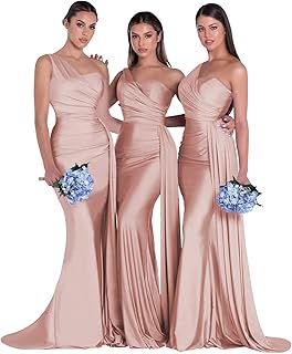Women's One Shoulder Mermaid Bridesmaid Dresses Long Ruched Bodycon Satin Formal Prom Gowns YZTS068 - Buy now
