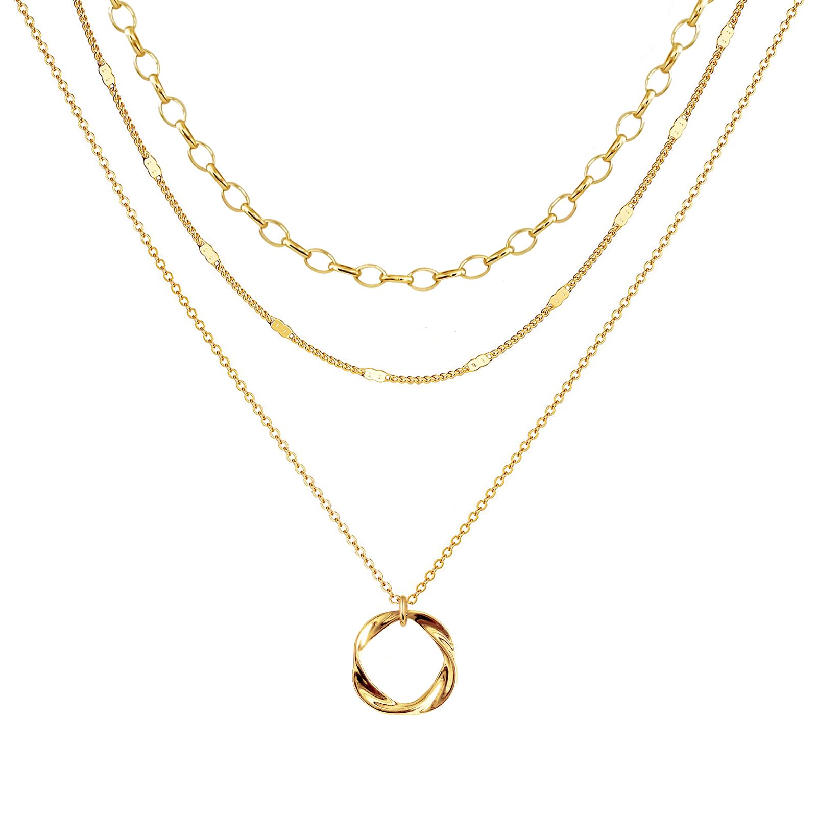 OGD Layered CZ Rondelle Pendant Necklaces for Women, 14K Gold Plated Trendy Mariner Chain Dainty Circle Rondelle Pendant Choker Necklace for Women