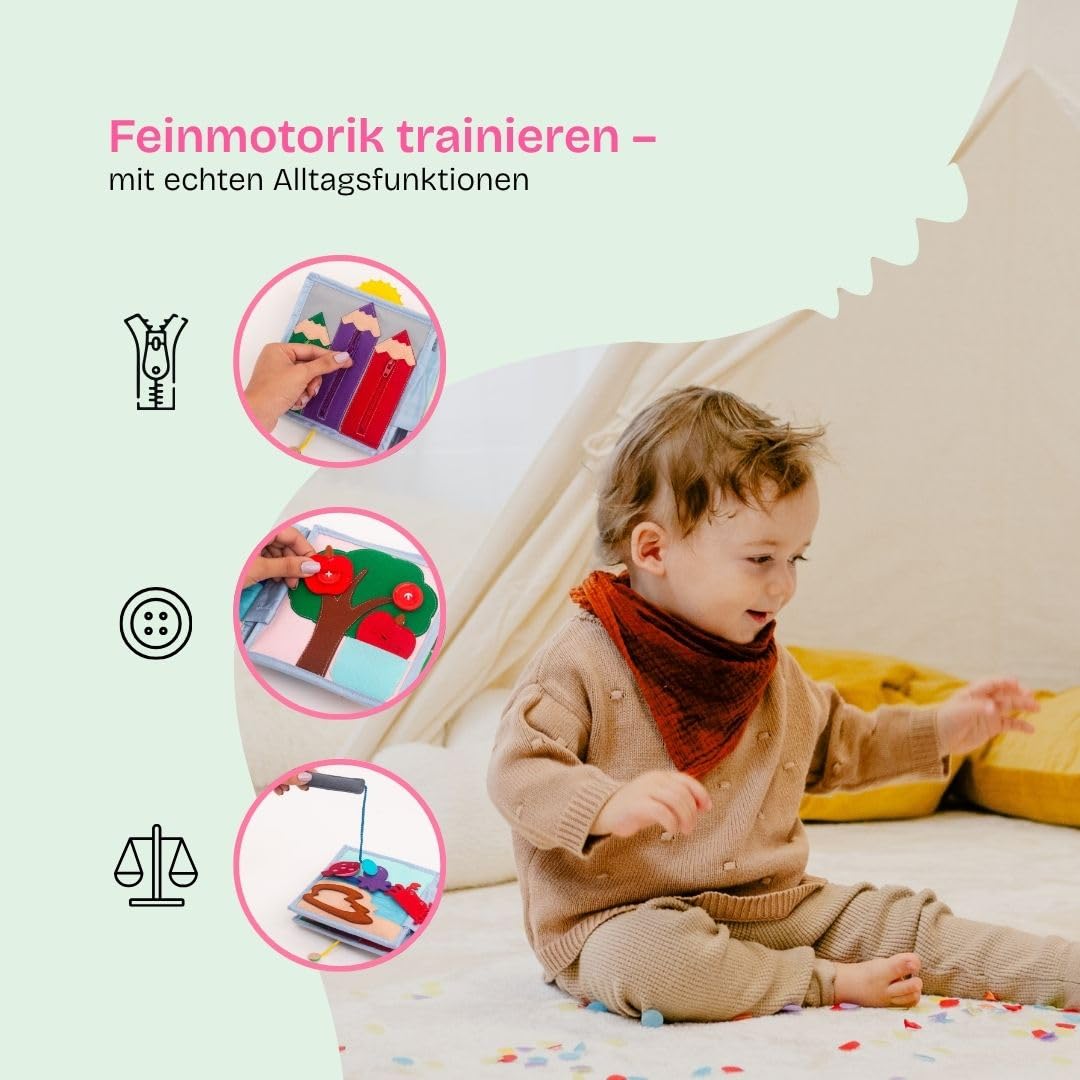 Jolly Designs – Mini Quiet Book Sonnenschein – Montessori Spielzeug ab 18 Monaten – Motorik & Kreativität fördern – Busy Book aus Filz – Handgefertigtes Filzbuch – Perfekt für unterwegs & Reisen