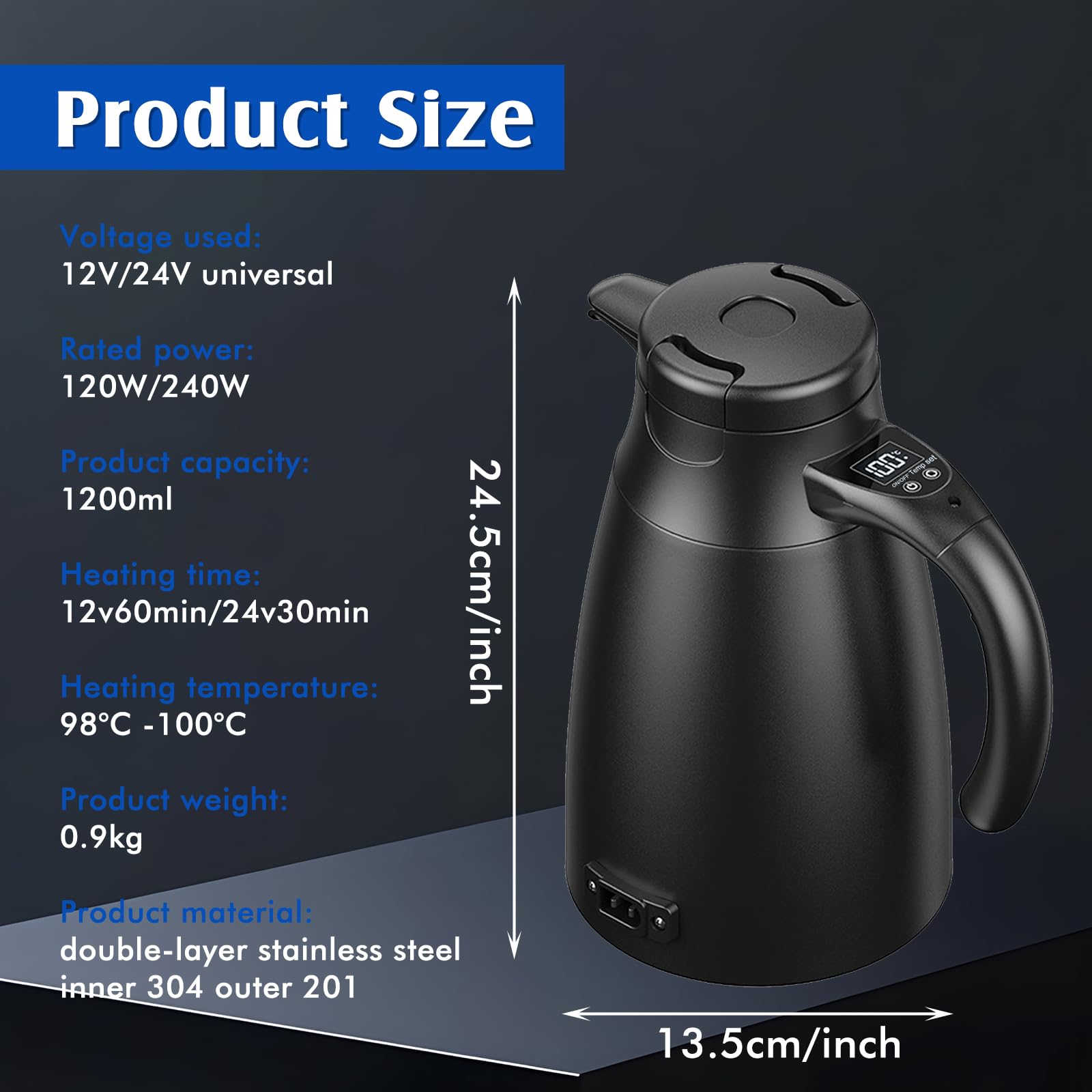 Bouilloire de voyage 12V/24V pour voiture : Bouilloire électrique portable de 1,2 litre en acier inoxydable avec adaptateur allume-cigare. Chauffe jusqu'à 100 °C et dispose d'un écran LCD