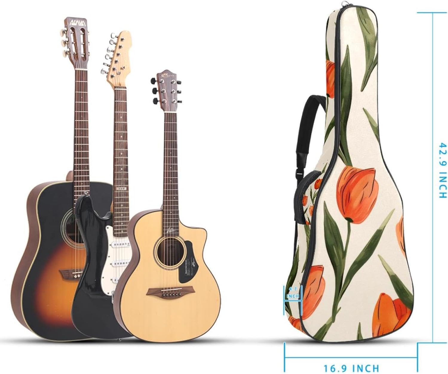 Acoustic Guitar Bag 0.4 Inch Thick Padding Waterproof Guitar Case Gig Bag for 40 41 42 Inch Electric Bass Classical Guitar, Cute Tulip