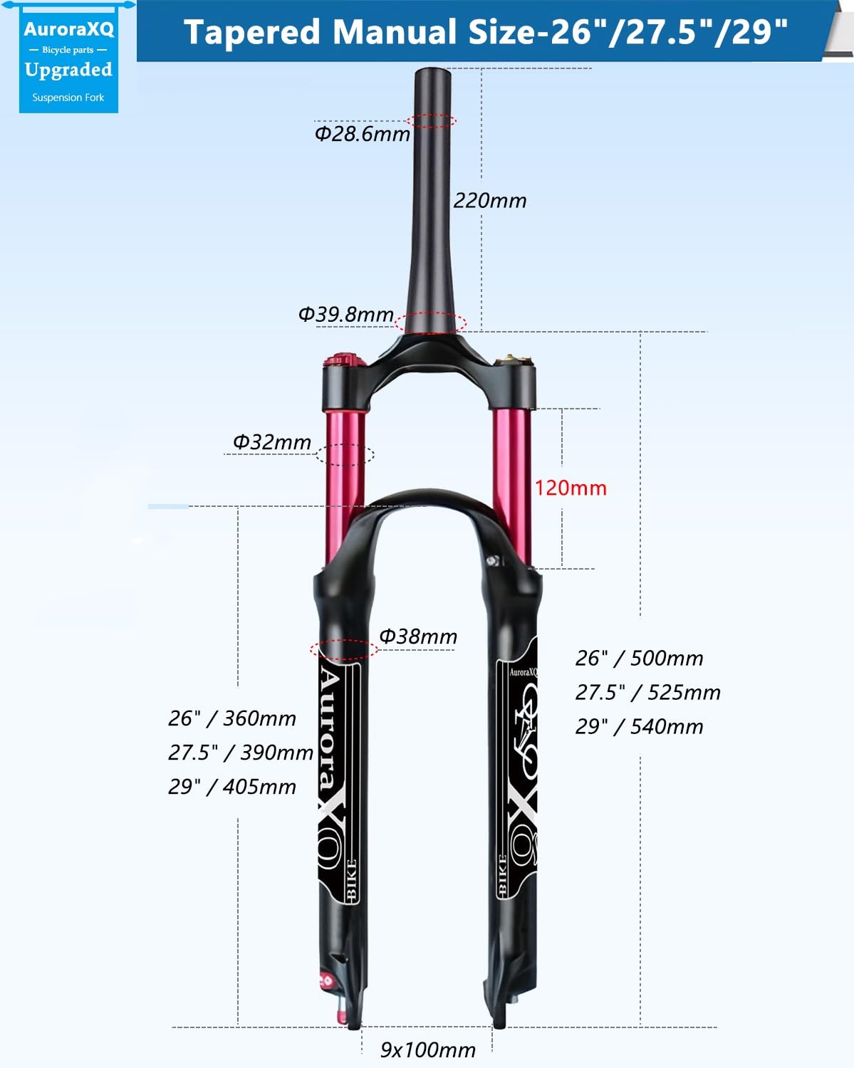 AuroraXQ Widelec Amortyzowany do Roweru Górskiego 26/27,5/29 Cali, Przedni Widelec MTB Air o Skoku 120mm, z Regulacją Odbicia do MTB/Trail/AM/XC(Tapered Manual Lockout,27,5 cala)