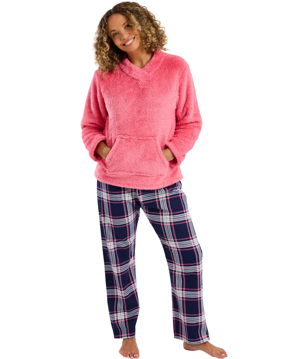 Slumber Hut Ladies Fleece Top Check Wincey Pant Pyjamas IN45760 Pink 12-14