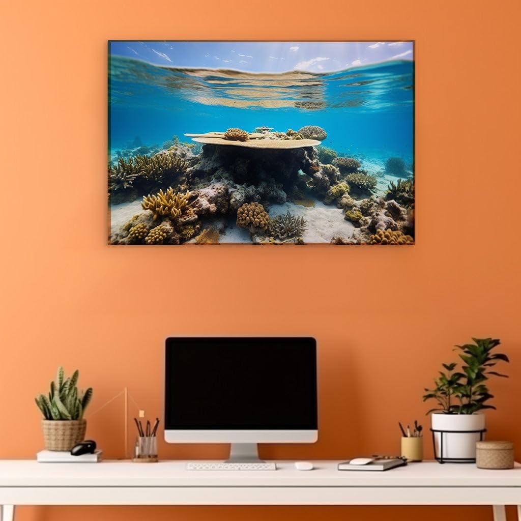 Canvas for Living room. Diving into Serenity: Exploring the Sunlit Coral Reef Splendor, 27 x 18 inch Canvas Wall Art - Contemporary Masterpieces - Modern Home Decor