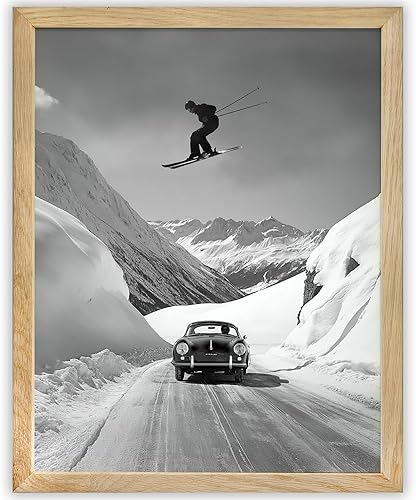 Skier Jumping Over Vintage Car - Impresión enmarcada de 11 x 14 pulgadas, arte de fotografía en blanco y negro, decoración de pared única y regalo
