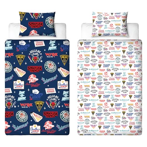 Stranger Things Official Single Duvet Cover | Gorgon Design Reversible Easy Care Bedding 2 Sided Duvet Quilt Set with Matching Pillow Case Multicolour Print with Hellfire Club Hawkins Logos