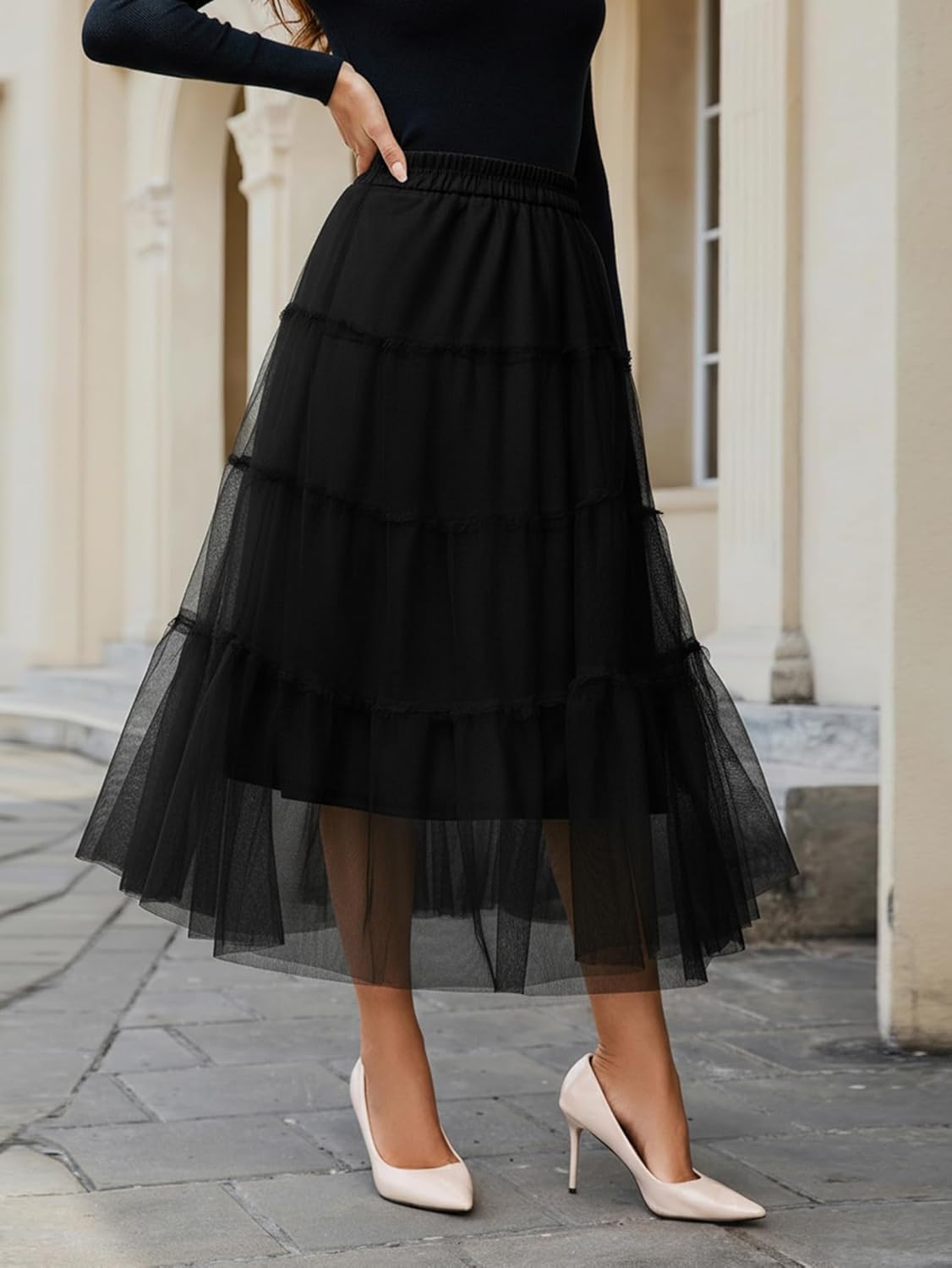 Tulle Skirts for Women 2025 Fall Fashion Elastic High Waisted Fairy Tiered Flowy A-Line Casual Maxi Long Skirt - Image 5