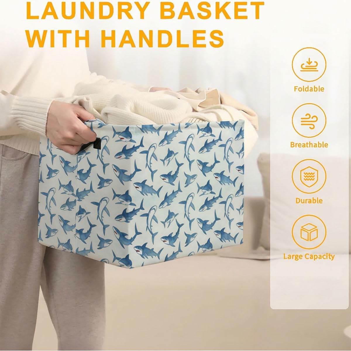 56L Shark Laundry Basket Clothes Hamper with Handles,Foldable Blanket Storage Large Laundry Hamper with Waterproof,Toy Storage Bin Organizer,Cube Clothes Organizer,Home Decor