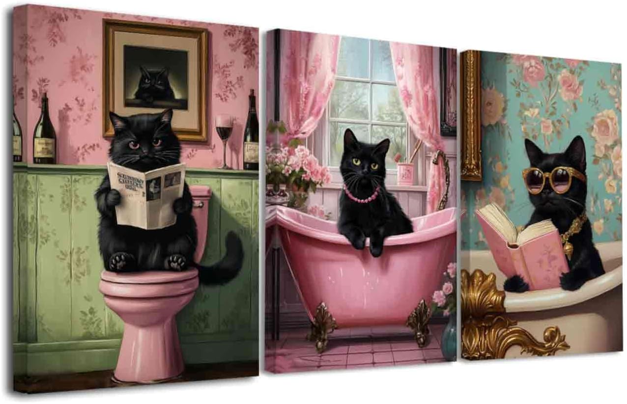 LZIMU Set of 3 Black Cat Bathroom Pictures Wall Art Funny Cat on Toilet Painting Cute Animal in Bathtub Canvas Prints Vintage Poster for Restroom Decor Framed (Pink, (12x16inchx3 Pieces))