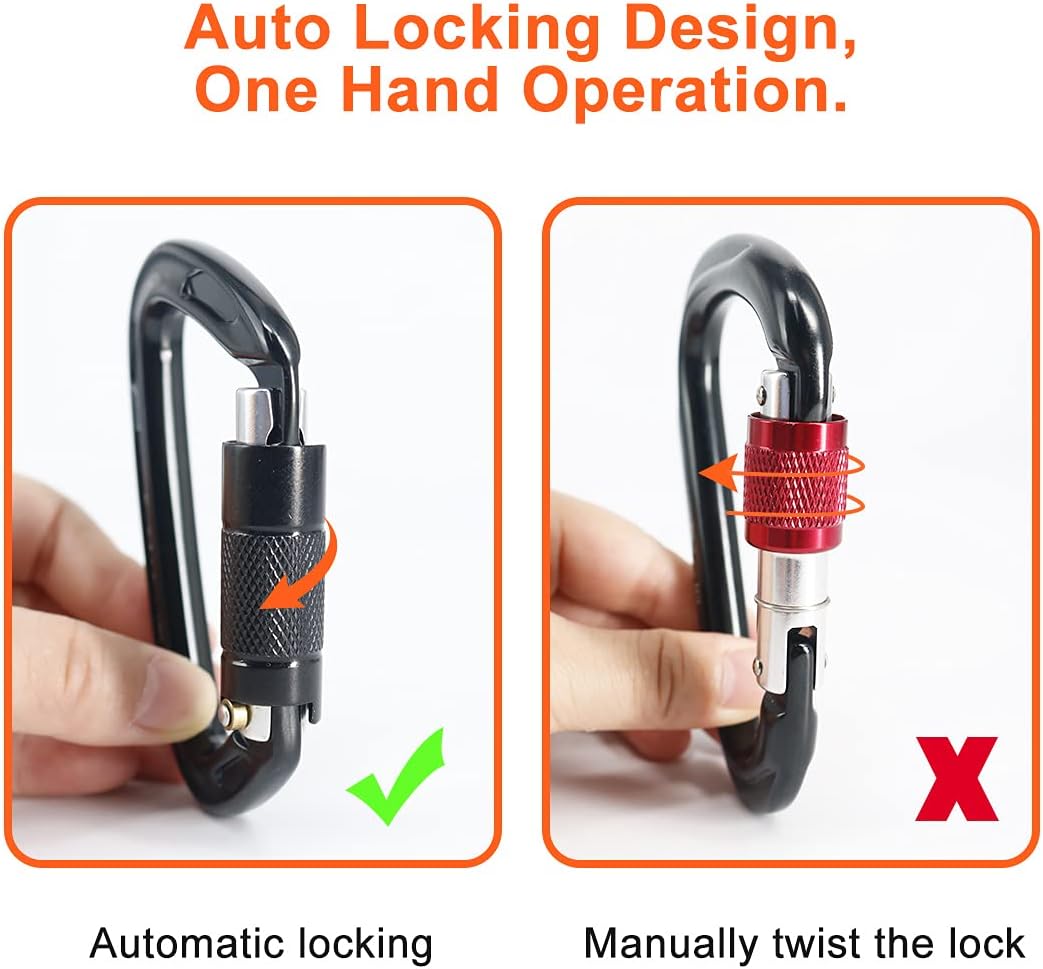NewDoar 24KN Auto Locking Climbing Clips D-Shaped Heavy Duty for Camping, Hiking, Swing, Hammock(Black/24kn/2Pcs) : Sports & Outdoors
