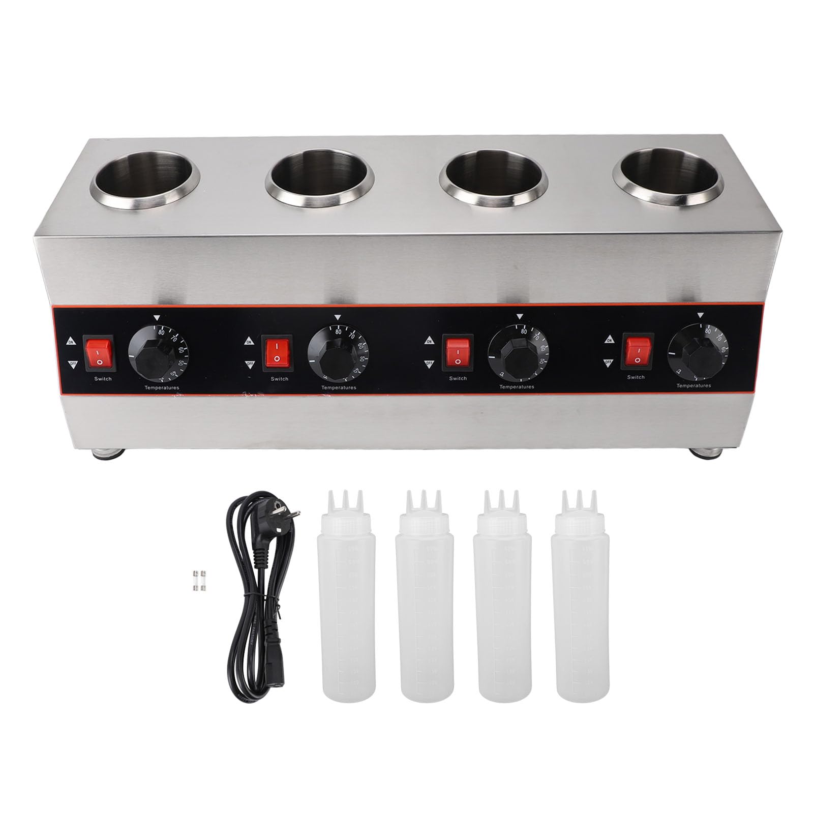 Fdit Calentador de Eléctrico con 4 Botellas Exprimibles, 640W Dispensador de Queso Comercial 2600ml 30-85°C Ajustable Acero Inoxidable para Nacho Queso Caramelo Chocolate (Enchufe Europeo 220V)