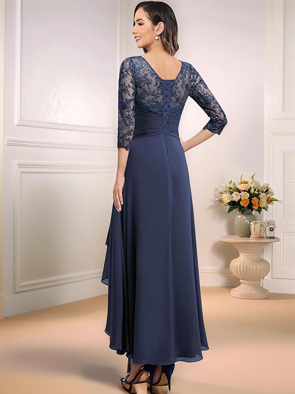 Lace Appliques Mother of The Bride Dresses Tea Length 3/4 Sleeve Evening Gown Chiffon Formal Wedding Guest Dress