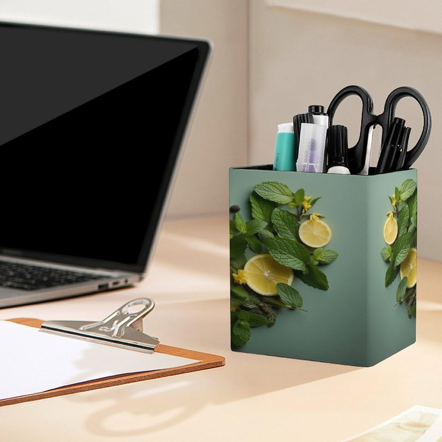 Square Pen Holder Mint Leaves And Lemon Desk Organizer Pencil Cup image 5